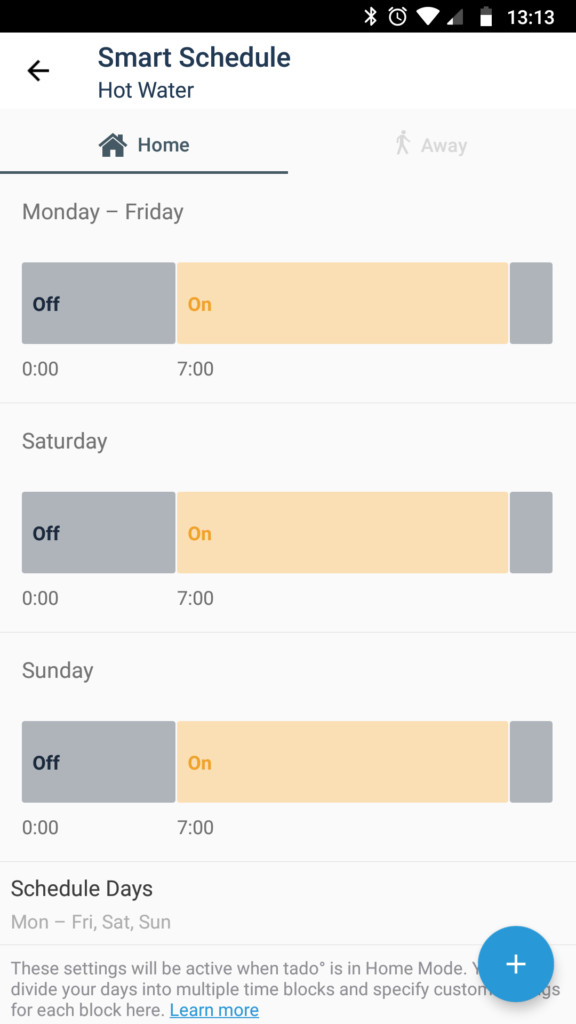 Tado screenshot showing separate hot water schedules