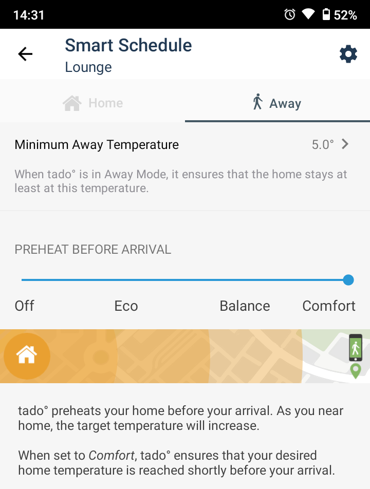 Tado screenshot showing a zone's away mode set to Comfort