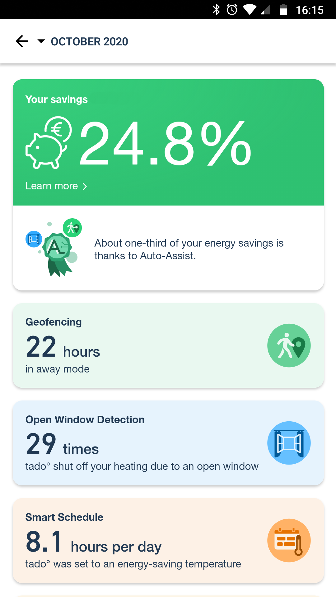 Tado Android screenshot showing a monthly 'saving' of 24.8%
