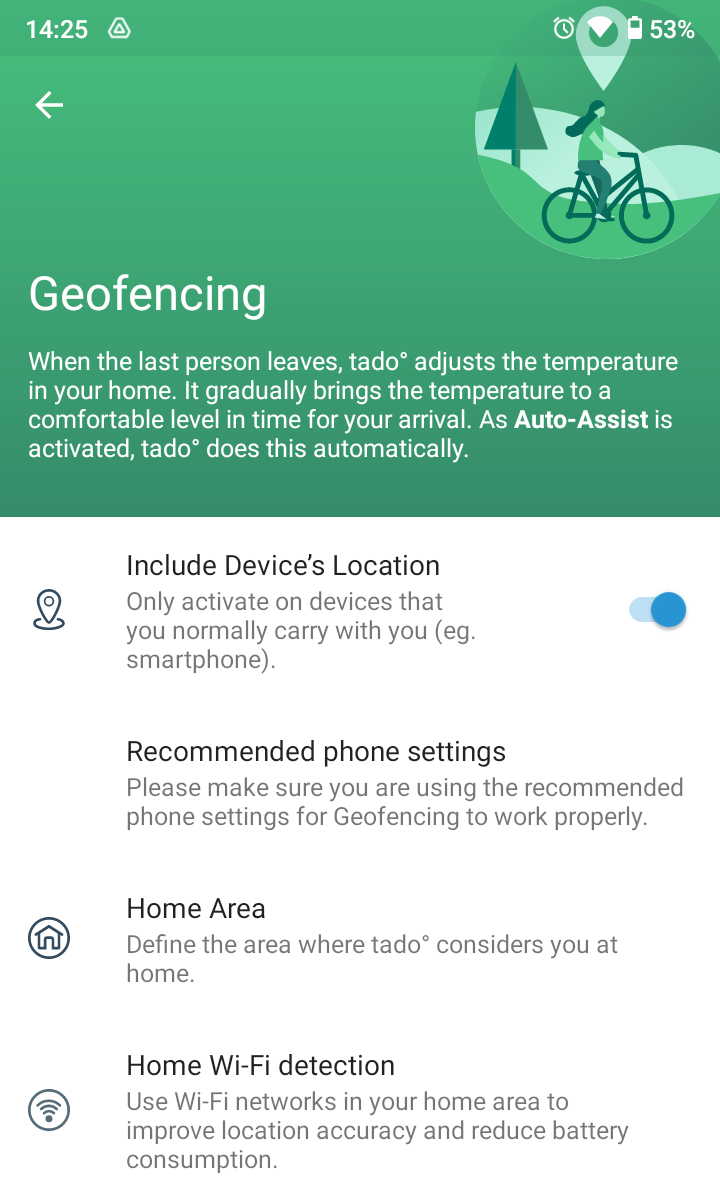 Tado screenshot showing the Include Device's Location slider switched on